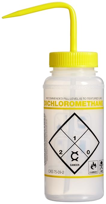 SP Bel-Art Safety-Labeled 2-Color Dichloromethane Wide-Mouth Wash Bottles; 500ml (16oz), Polyethylene w/Yellow Polypropylene Cap (Pack of 6) (F11646-6250)