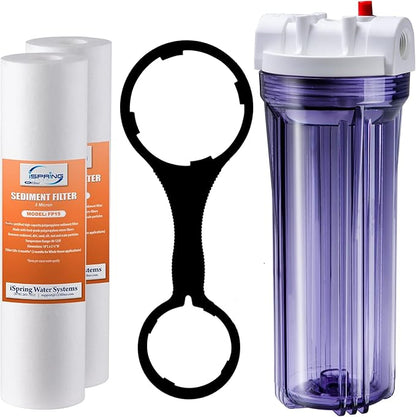 iSpring HC14+ FP15X2 Whole House Transparent Water Filter Housing 10" x FNPT Inlet/Outlet with 2 PP Filters (5 Micron), 1/2", Clear