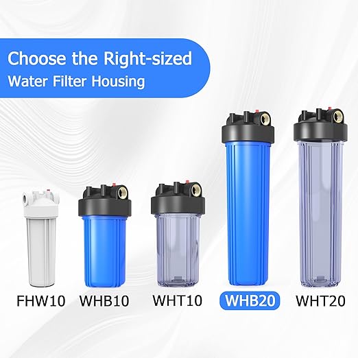 WHB20 Whole House Water Filter Housing, Fit 20"x4.5" Sediment etc Filters for Well and City Water, Big Filter Blue Pre-Filtration System for Home, 1" NPT Port, Pressure Release