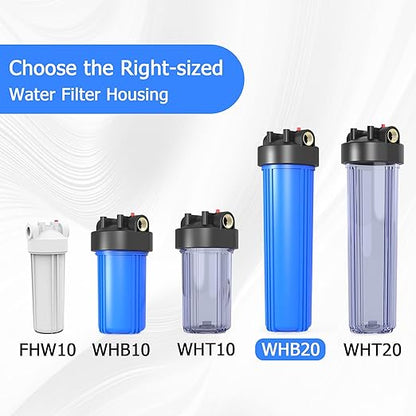 WHB20 Whole House Water Filter Housing, Fit 20"x4.5" Sediment etc Filters for Well and City Water, Big Filter Blue Pre-Filtration System for Home, 1" NPT Port, Pressure Release