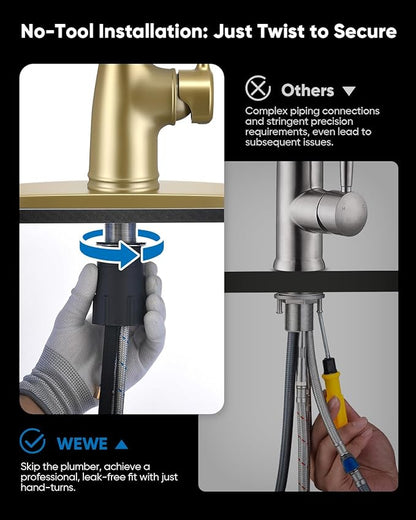 WEWE Vintage Kitchen Faucet with Pull Down Sprayer, Stainless Steel 1 or 3 Hole High Arc Single Handle Antique Sink Faucet for Classic Modern Ktichen, Gold Bar & Prep Sinks
