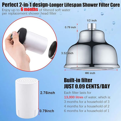 Metal Filter Shower Head for Hard Water Softener Shower Head with Water Shower Filter to Remove Chlorine and Harmful Substances, 6inch Large Rain Showerhead, 304Stainless Steel