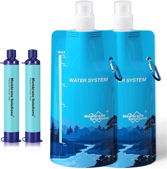 Membrane Solutions Squeezable Water Filtration System, Survival Water Purifier Kit, Portable Backpacking Gear Including Water Filter Straw and 23oz Collapsible Bottle for Hiking Camping Travel(2+2)