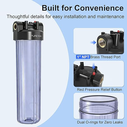PWT20 Whole House Water Filter Housing, Fits 20” x 4.5” Big Blue Filters, Inline Pre-Filtration System for RV, Home Well and City Water Sediment etc with 1" NPT Port, Pressure Relief Valve