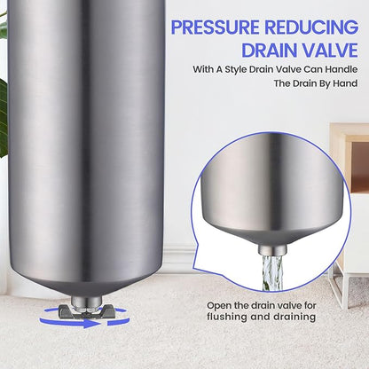 Amwater NSF/ANSI 42 Stainless Steel Whole House Water Filter Housing, 10" x 2.5" Sediment Water Filter System for Heavy Duty, Well & City Water, 1/2" NPT Port, Drain Valve Style A(Wing)