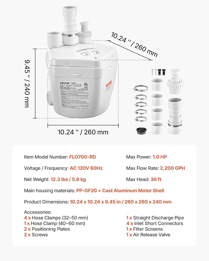 VEVOR Utility Sink Pump, 1 HP, 2200 GPH Under Sink Pump with 3 Water Inlets 1 Outlet, 36 ft Max Lift, Cast Aluminum Motor, Macerating Toilet System, for Sink Shower Wash Bin Urinal Kitchen Basement | for Shower Kitchen Basement, Cast Aluminum Motor, 1....