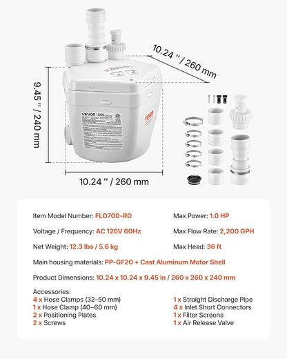 VEVOR Utility Sink Pump, 1 HP, 2200 GPH Under Sink Pump with 3 Water Inlets 1 Outlet, 36 ft Max Lift, Cast Aluminum Motor, Macerating Toilet System, for Sink Shower Wash Bin Urinal Kitchen Basement | for Shower Kitchen Basement, Cast Aluminum Motor, 1....