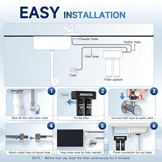 AQUALTRA USF-2B-10 Slightly Alkaline Under Sink Filter System, 20K Gal, Reduce PFOA, PFOS, Chlorine, Lead, Mercury, Chloramine, Fluoride, Microplastics Particles, Bad Taste & Odor