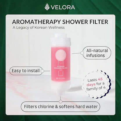 VELORA Vitamin C Shower Filter - Rose-Scented Aromatherapy Shower Water Filter and Softener - Universal Showerhead Bathroom Attachment - Replenish Dry Skin, Soften and Nourish Hair