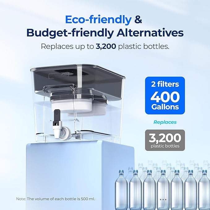 Waterdrop WFD-22L-DF Water Filter Dispenser, 40-Cup Water Purifier, 2 Built-in Filters, 8X Faster Filtration, 400-Gallon Lifespan, 10X Longer Lifetime, Reduces Chlorine, PFOA/PFOS, Black