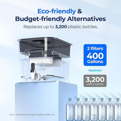 Waterdrop WFD-22L-DF Water Filter Dispenser, 40-Cup Water Purifier, 2 Built-in Filters, 8X Faster Filtration, 400-Gallon Lifespan, 10X Longer Lifetime, Reduces Chlorine, PFOA/PFOS, Black