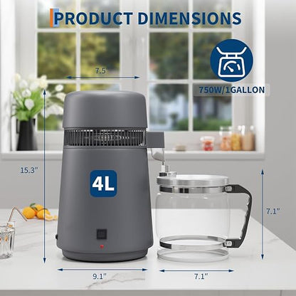 GarveeHome Water Distillers for Home Countertop, 1 gal/4 l Stainless Steel Distilled Water Machine with Glass Container, 750W Desktop Drinking Purifier Filter Distilling Kit, Gray