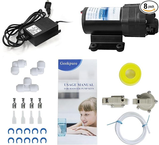 Geekpure Reverse Osmosis RO Booster Pump Kit 80-100 PSI | with Transformer + High and Low Pressure Switches + Fittings for 50-150 GPD RO System