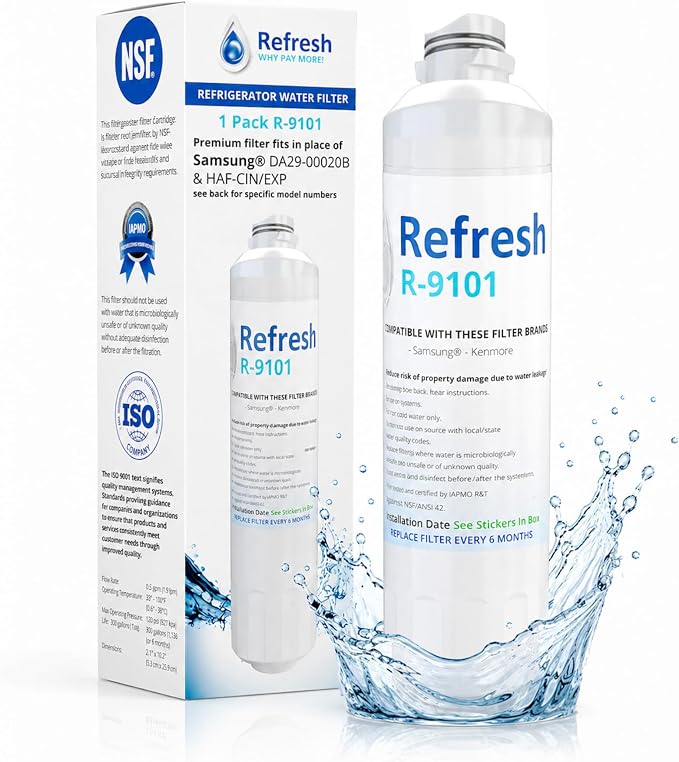 Refresh R-9101 Refrigerator Water Filter Replacement for Samsung DA29-00020A, DA29-00020B, HAF-CIN/EXP, NSF/ANSI 42, 6-Month 300 Gallon Filter (1 Pack, Standard)