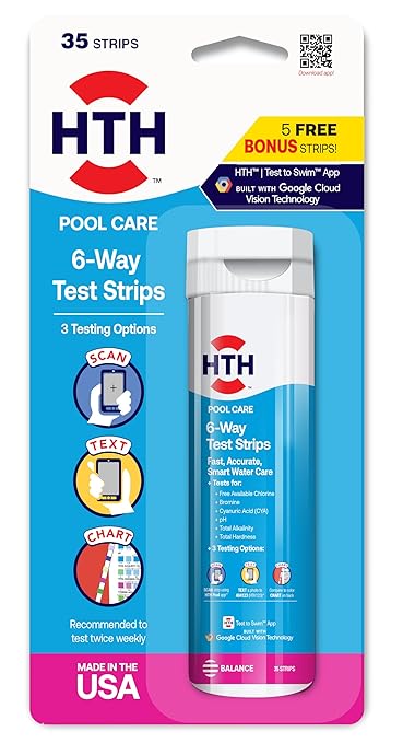 HTH 1279R Pool Care 6-Way Test Strips, Swimming Pool Water Chemical Tester, 35 Count