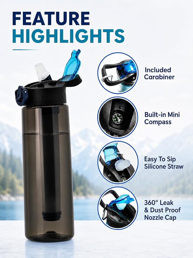 22oz Water Filter Bottle, Portable Outdoor Filtered Water Bottle with Multi-Layer Filtration, Improves Taste & Reduces Odor, BPA-Free Reusable Bottle for Hiking, Camping & Travel (Black)