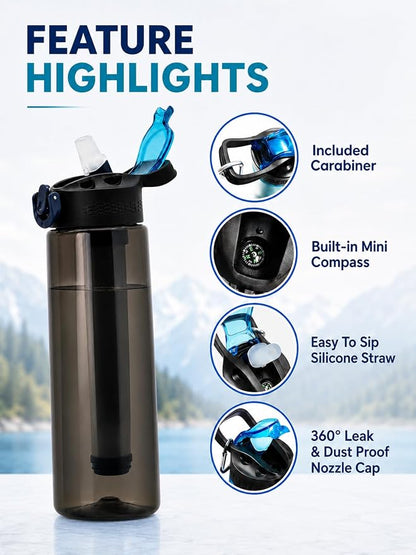 22oz Water Filter Bottle, Portable Outdoor Filtered Water Bottle with Multi-Layer Filtration, Improves Taste & Reduces Odor, BPA-Free Reusable Bottle for Hiking, Camping & Travel (Black)