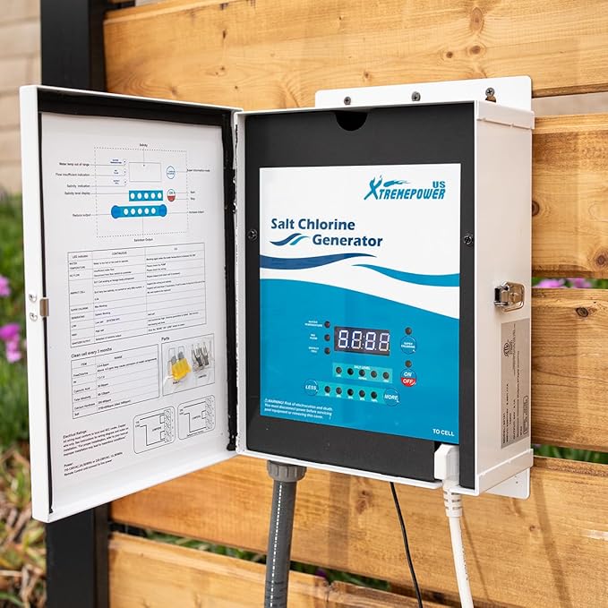 XtremepowerUS 15K Salt Chlorination System for In-Ground Pools Up to 15,000 Gallons Pool Flow Switch Cell Fitting Complete System, Cleaning Stand