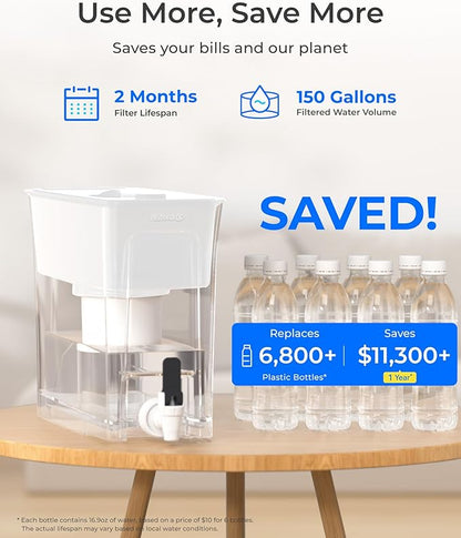Waterdrop Fluoride-Reducing Water Filter Dispenser, 35-Cup, 150-Gallon Long-Life, Large Capacity, Reduces Chlorine, PFOA/PFOS and More, BPA Free, White (with 1 Filter)