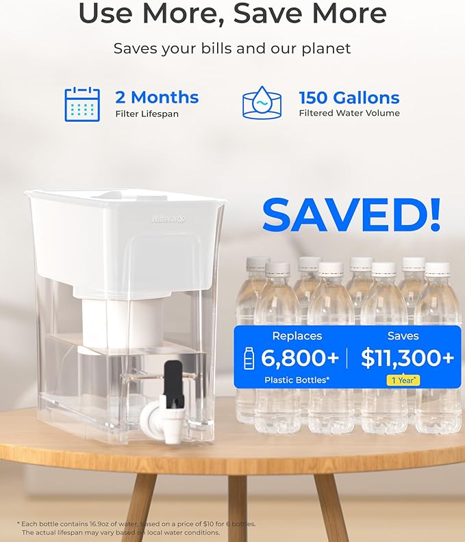 Waterdrop 35-Cup Water Filter Dispenser, Reduces Fluoride, PFOA/PFOS and More, BPA Free, Large Capacity Water Filter Pitcher, White (with 3 Filters)