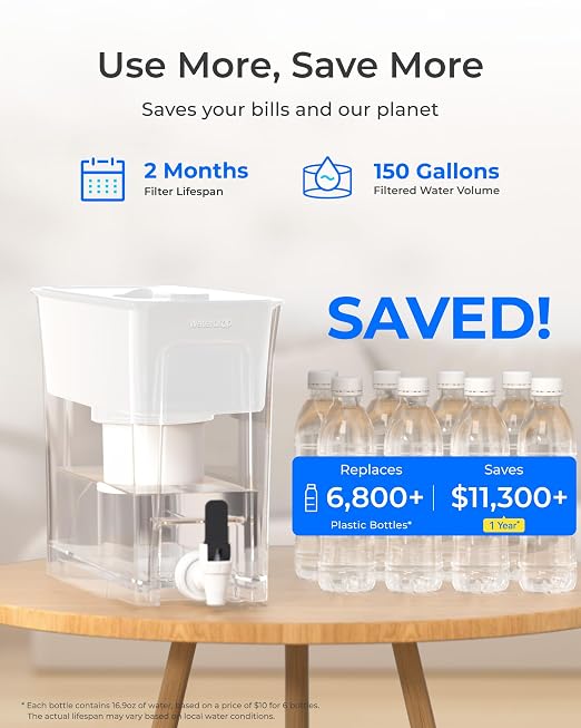 Waterdrop WFD-02W 35-Cup Water Filter Dispenser, Fluoride Reduction, White | Reduces 90%+ Fluoride, 150-Gallon Long-Life, Large Capacity, Reduces Chlorine, PFOA/PFOS and More, BPA Free