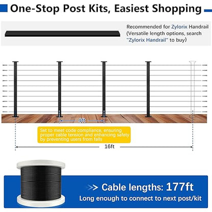 36" Modular 12-16FT Black T304 Cable Railing Post Kit, Complete Cable Railing System with 4 Level Posts & 177ft 1/8" Wire Rope(No Handrail), Adjustable Length Easy DIY for Decks/Porch