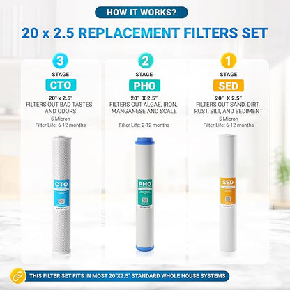 20" Slim Blue Whole House Whole House Anti Scale Filter Set - 20" x 2.5" Polypropylene Sediment, Phosphate Anti-Scale, CTO Carbon Block Water Filter pack, Total of 3 Filters