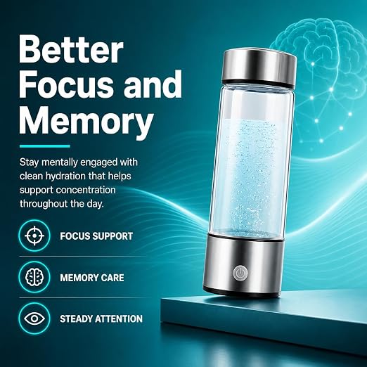 ElysVita Hydrogen Water Bottle — SPE Electrolysis Technology, BPA-Free Borosilicate Glass, 14 oz | Antioxidant Rich, Micro-Plastic Free Hydrogen Generator Bottle with USB Charging