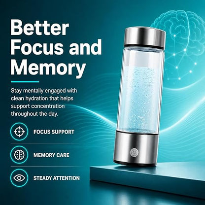 ElysVita Hydrogen Water Bottle — SPE Electrolysis Technology, BPA-Free Borosilicate Glass, 14 oz | Antioxidant Rich, Micro-Plastic Free Hydrogen Generator Bottle with USB Charging