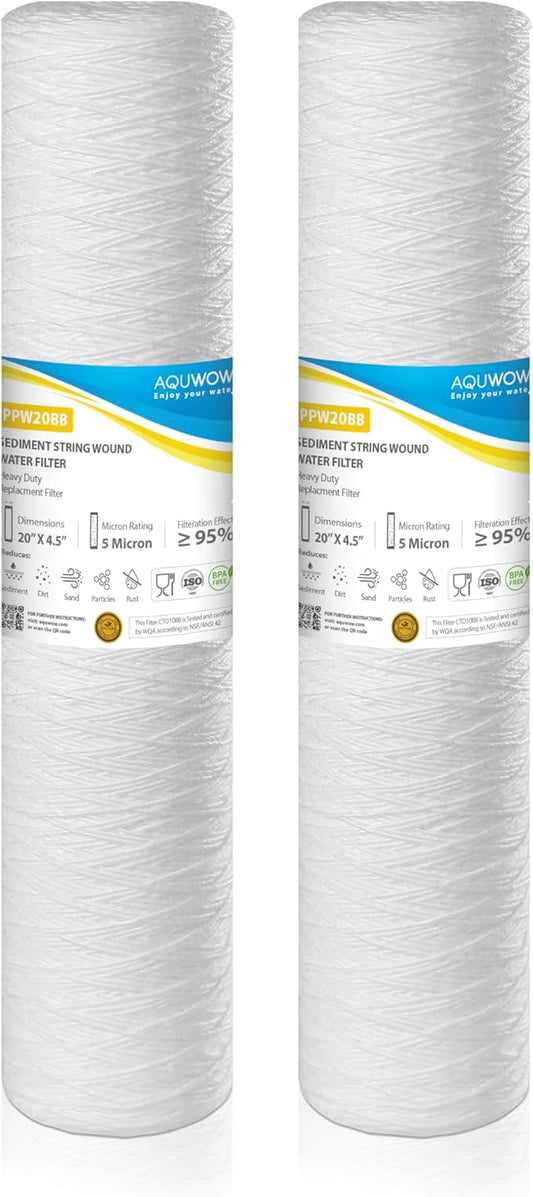 PPW20BB 5 Micron 4.5" x 20" String Wound Sediment Filter Set – Replacement Cartridges for Whole House & Under Sink Systems, Durable Depth Filtration (2, 20 x 4.5)