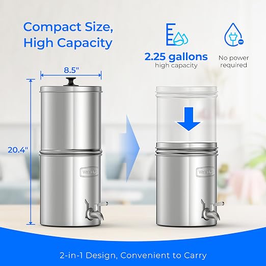 Waterdrop TK-AE Gravity Water Filter System, with 3 Black Carbon Filters | 9000 Gallon Longer Lifespan and 150% Faster Flow for Home, Travel, Emergencies, 2.25G