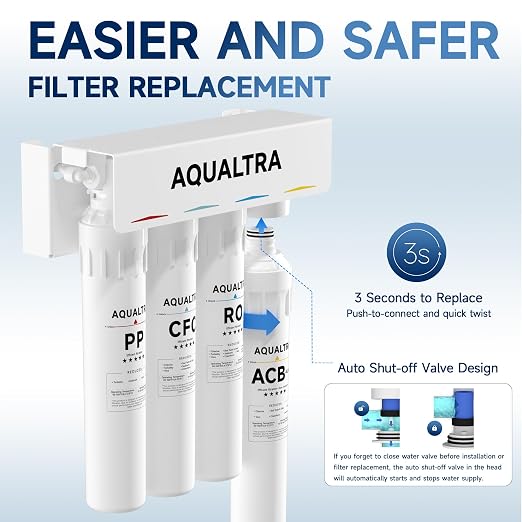 AQUALTRA USF-4RF-100 100 GPD Alkaline Reverse Osmosis System 3: 1 Pure to Drain Under Sink Water Filtration System with Dedicated Faucet