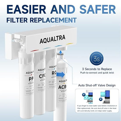 AQUALTRA USF-4RF-100 100 GPD Alkaline Reverse Osmosis System 3: 1 Pure to Drain Under Sink Water Filtration System with Dedicated Faucet