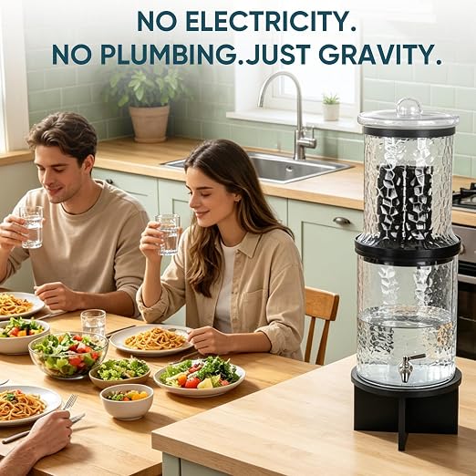 3 Gallon All Glass Gravity-Fed Water Purifier, Countertop Water Filtration System with Wooden Stand, for Home, Emergency & Outdoor Survival