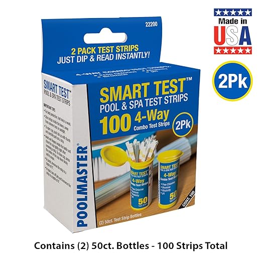 Poolmaster 4-Way Swimming Pool & Spa Test Strips, 100 Count Total, Easy-to-Read Results, Fast, Accurate Chlorine, Bromine, Alkalinity & pH Testing for Pools, Spas & Hot Tubs, Made in the USA