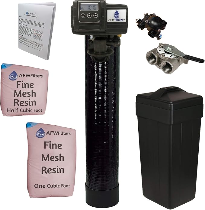 AFWFilters 1.5 Cubic Foot (48k) Whole Home Iron Pro Water Softener with Fine Mesh Resin,1" Stainless Steel FNPT Connection, and Black Tanks