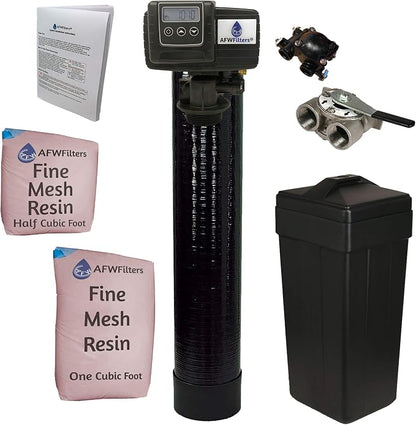 AFWFilters 1.5 Cubic Foot (48k) Whole Home Iron Pro Water Softener with Fine Mesh Resin,1" Stainless Steel FNPT Connection, and Black Tanks