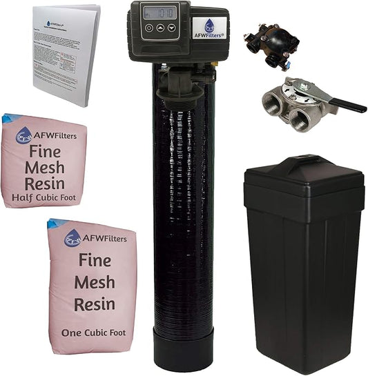 AFWFilters 1.5 Cubic Foot (48k) Whole Home Iron Pro Water Softener with Fine Mesh Resin,1" Stainless Steel FNPT Connection, and Black Tanks