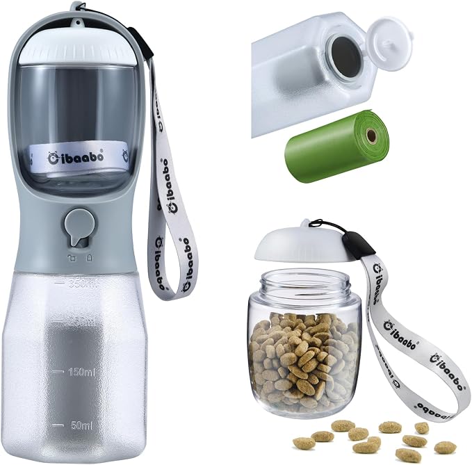 Cibaabo Dog Water Bottle with Food Container & Poop Bag Holder & Filter | Travel Water Bowl, Portable Pet Dispenser, Dog Gifts, Puppy Essentials for Walking Hiking