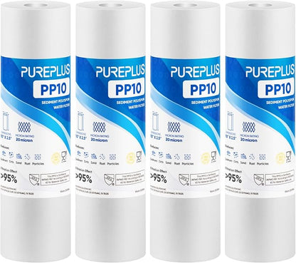PUREPLUS 20 Micron 10" x 2.5" Whole House Sediment Home Water Filter Cartridge Replacement for Any 10 inch RO Unit, Culligan P5, Aqua-Pure AP110, Dupont WFPFC5002, CFS10, WHKF-G05, 4Pack