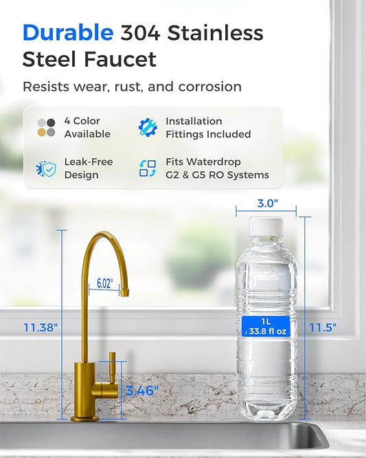 Waterdrop G2FCT-Gold Reverse Osmosis Water Filter Faucet, Brushed Gold | Water Faucet for Kitchen Bar Sink, NSF/ANSI 372 Certified, Lead-Free, 304 Stainless Steel, Single Handle, 360° Swivel Spout
