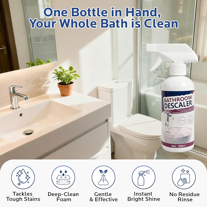 Bathroom Descaler Foam Cleaner for Hard Water Stains - Powerful Foaming Spray for Shower Toilet Sink Tile Cleaning, Limescale Buildup Remover All-Purpose Bathroom Cleaner (10.1 Fl Oz)