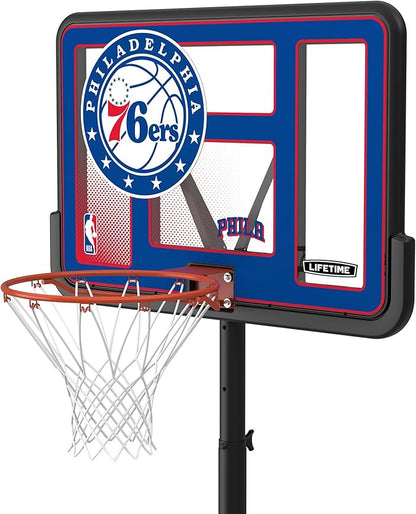 Lifetime NBA Philadelphia 76ers Portable Basketball Hoop, Adjustable Height 7.5-10 Ft, 44 Inch Shatterproof Fusion Backboard, Base with Wheels