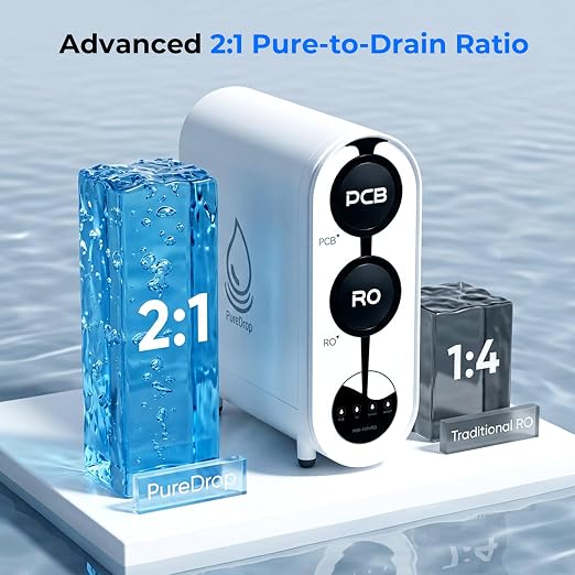 PureDrop PDR-100HRO Tankless Under Sink RO System with Auto-Fill Pitcher | • Fits standard cabinets• 2:1 pure-to-drain• LED filter life indicator• PP+carbon+RO filtration• Auto-fill Removable Pitcher