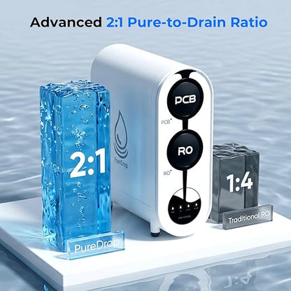 PureDrop PDR-100HRO Tankless Under Sink RO System with Auto-Fill Pitcher | • Fits standard cabinets• 2:1 pure-to-drain• LED filter life indicator• PP+carbon+RO filtration• Auto-fill Removable Pitcher