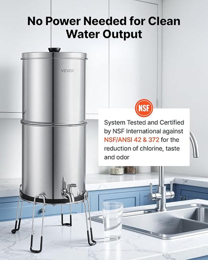 VEVOR Gravity-fed Water Filter System, 2.25G 304 Stainless-Steel Countertop Water Filtration System, Reduces Lead and up to 99% of Chlorine, w/ 2 Carbon Filter, 2 Defluorination Filter, Spigot, Stand