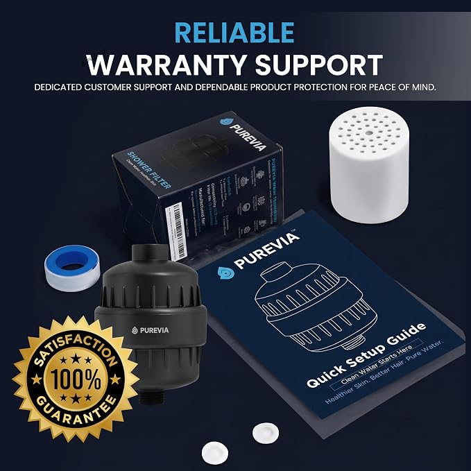 PUREVIA Shower Filter for Hard Water – Helps Reduce Chlorine & Common Water Impurities | High Pressure Water Filter | Universal Fit | Replaceable Cartridge | Easy 2-Minute Installation | Matte Black