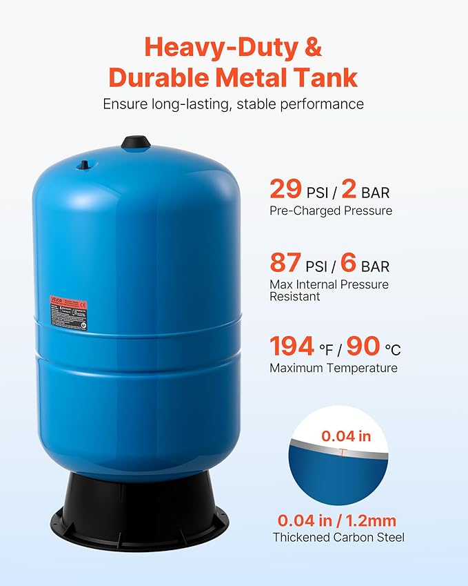 VEVOR 30-Gallon Vertical Well Pressure Tank, Pre-Charged Pressurized Water Tank for Well Pumps, Heavy-Duty Carbon Steel Water Storage Container for Home, School, Farm & Irrigation Systems