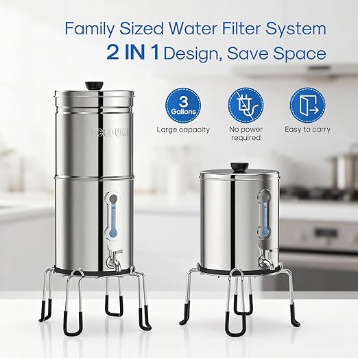 ICEPURE 3-Stage Gravity Water Filter System with Water Level Window, 304 Stainless Steel Countertop Gravity fed Water Filtration System with 2 Filters and Stand, Reduce 99% Chlorine, 3G High Capacity