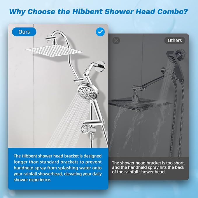 Hibbent cUPC Certified All Metal 8" Rainfall Showerhead Combo, High Pressure Shower Head with 10-Spray Mode Handheld, Innovative 4-way Diverter with Pause Mode, 71'' Shower Hose and Holder, Chrome